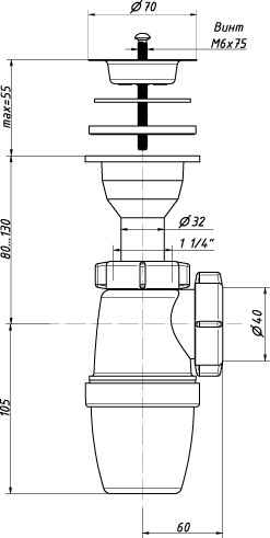 Сифон бутылочный 11/2 x40 малый корпус с литым выпуском (A-3201)